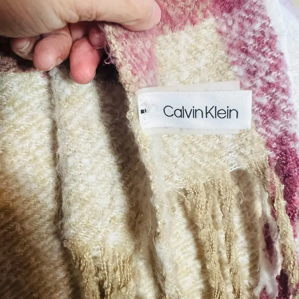 Calvin Klein Blanket Scarf Pink Cream Plaid Fringe Cabincore Cozy Gorpcore